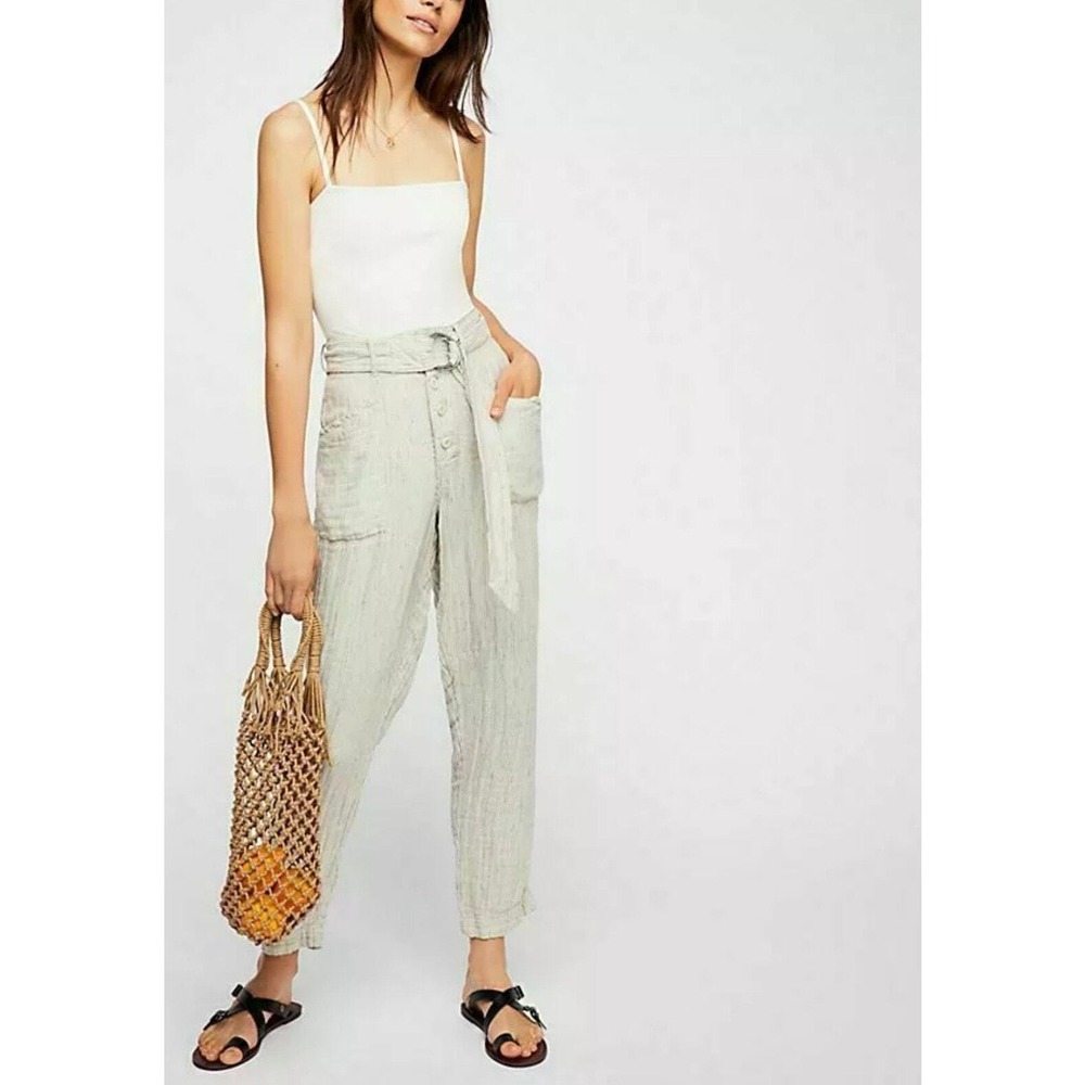 FREE PEOPLE Pants Women 2 Cream Black Striped Linen Blend Belted Tapered Leg